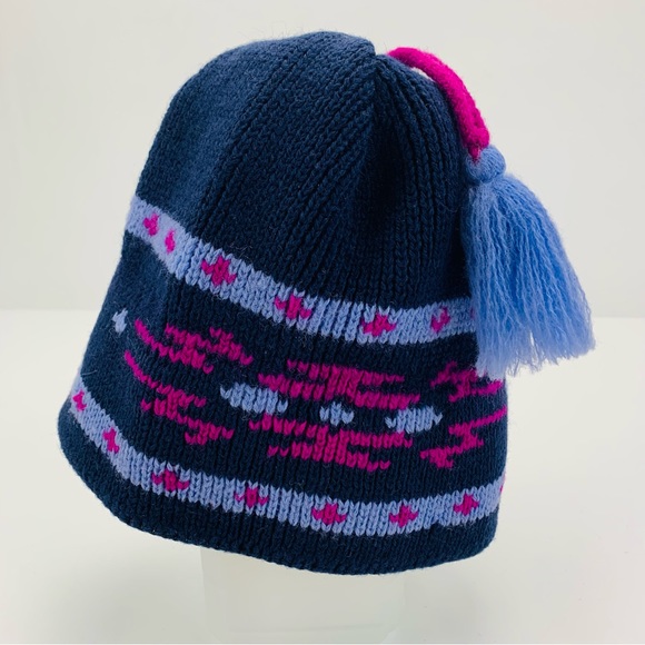 Wigwam Fair Isle Wool Tasseled Beanie Winter Hat Made in USA Navy Purple - Picture 6 of 11